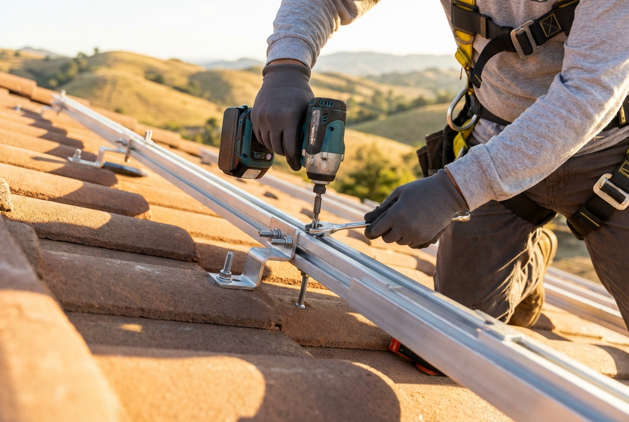 Solar installer securing mounting rails to residential roof