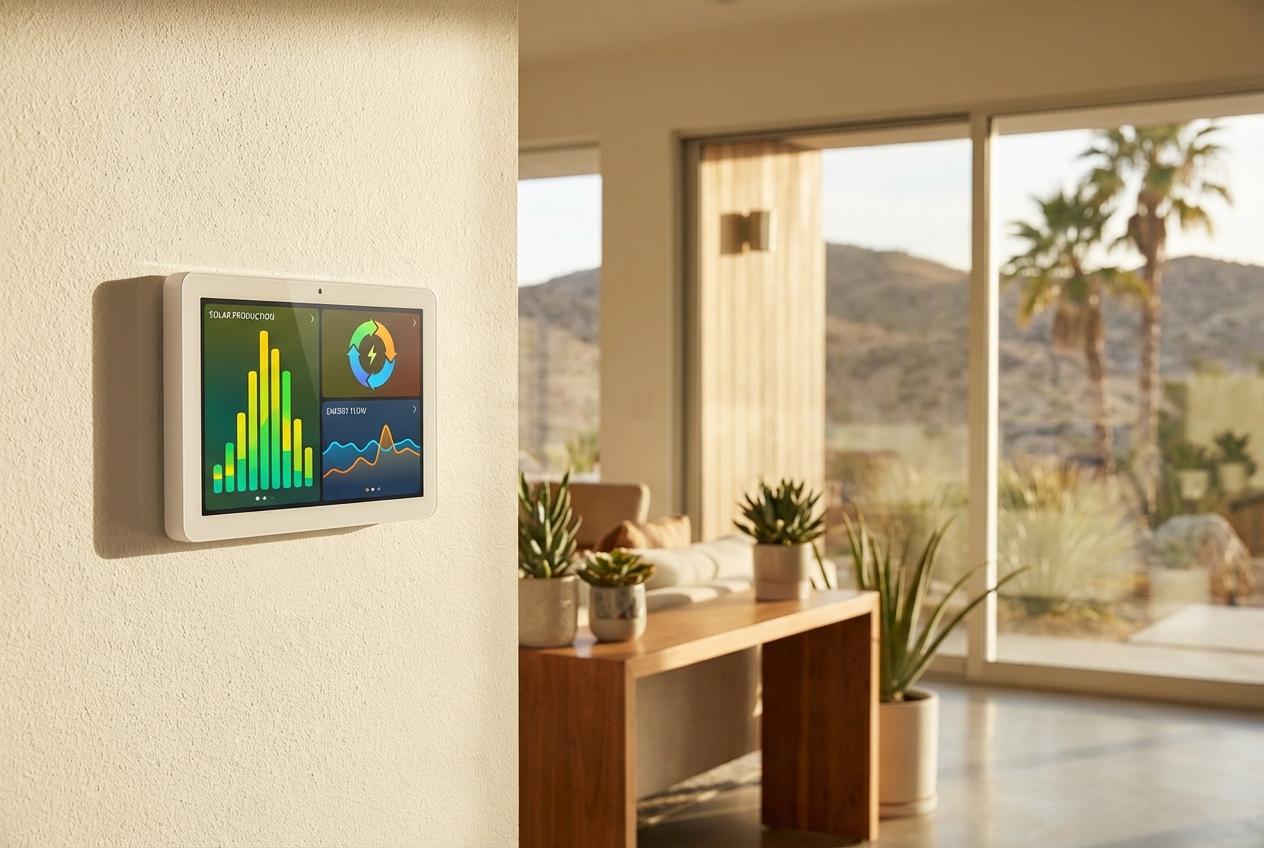 Smart home energy monitor showing solar production data