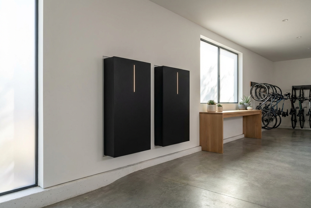 Dual home battery storage units mounted on garage wall