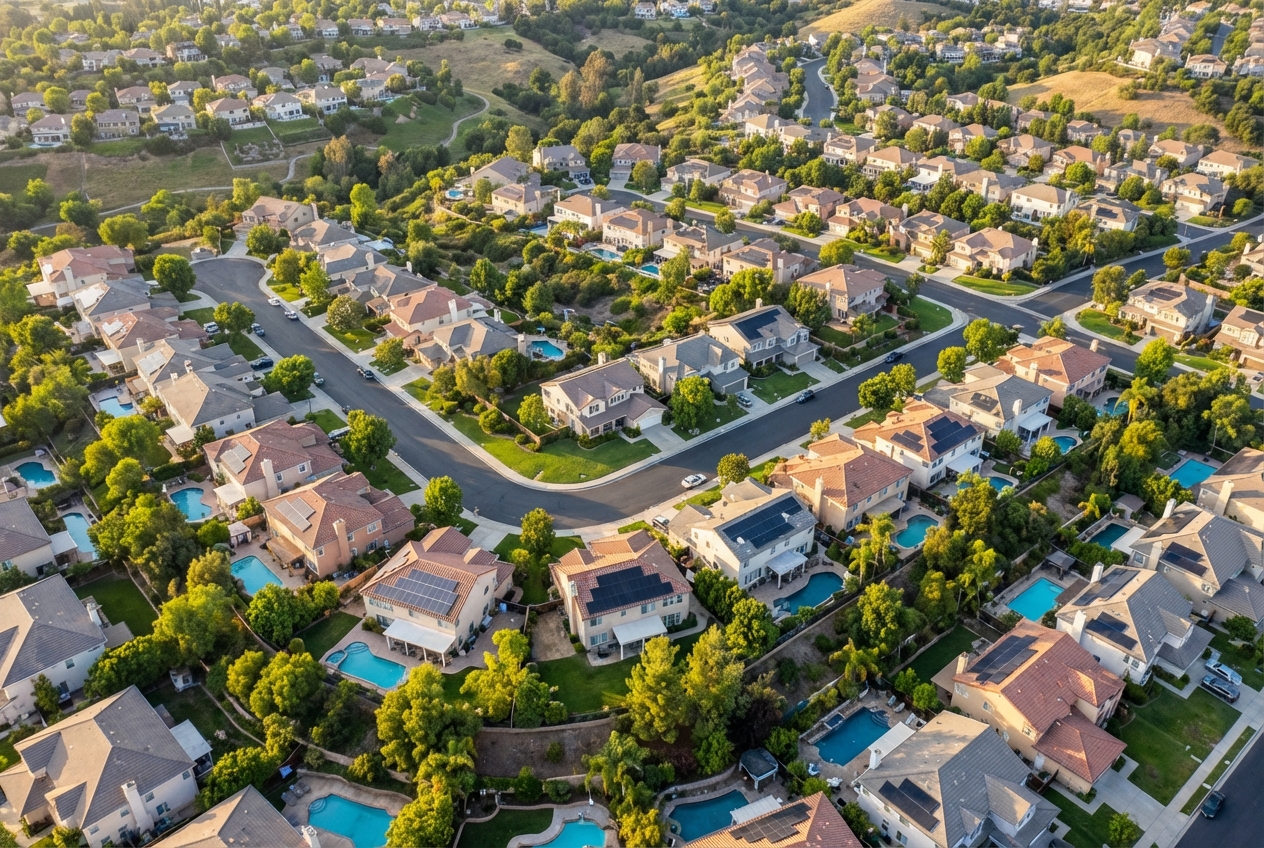 Aerial view of California neighborhood with solar panel installations