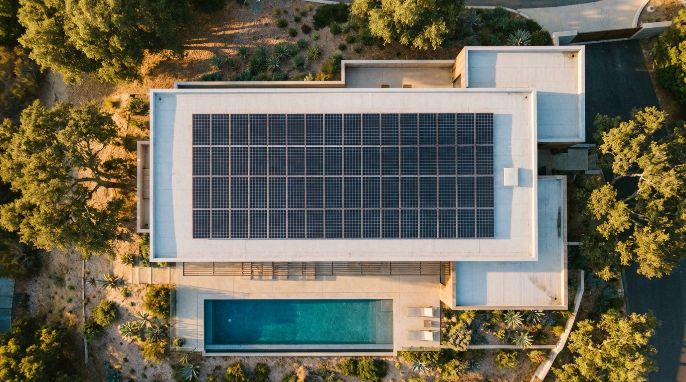 Aerial view of solar panel array on California home roof