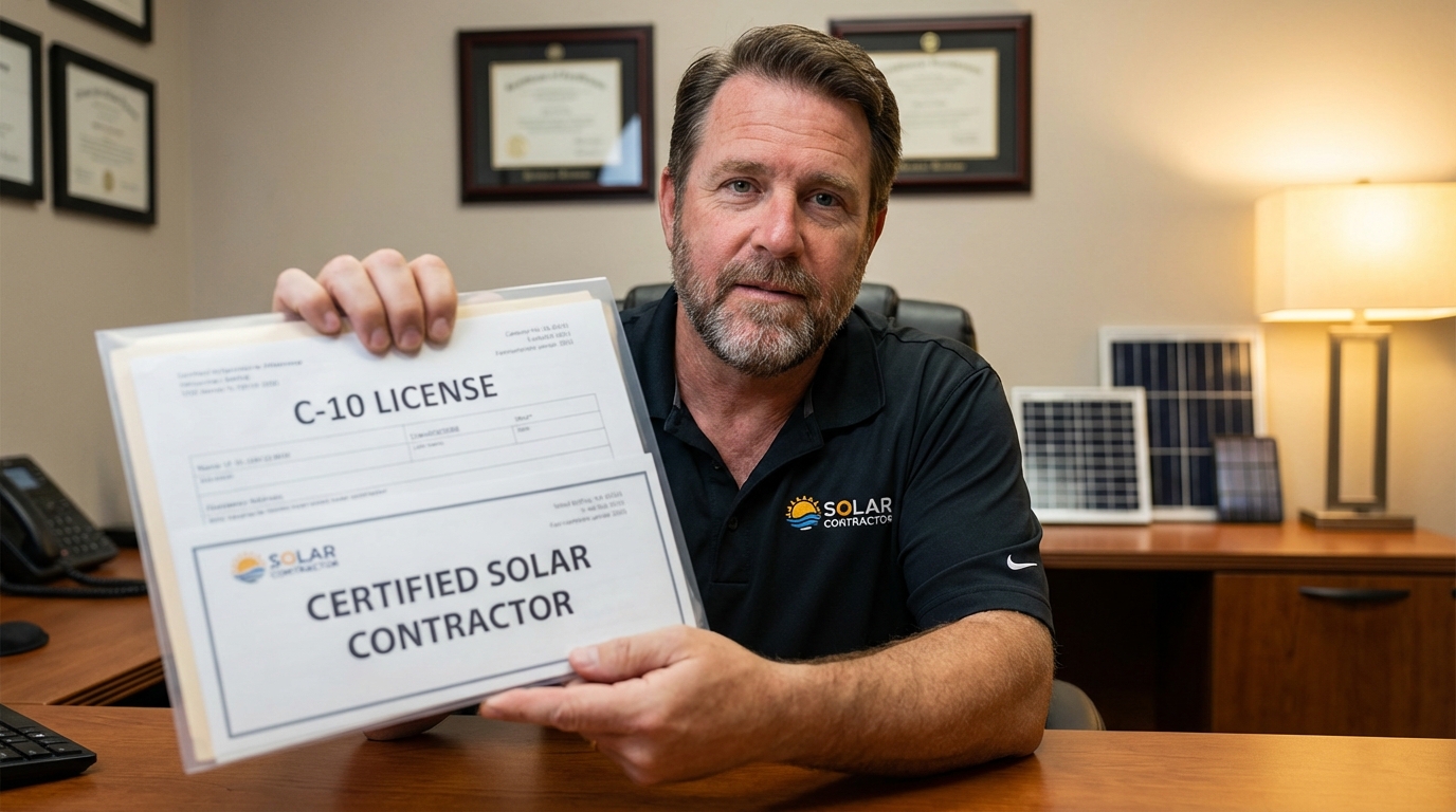 Solar contractor reviewing licensing credentials and C-10 license documentation