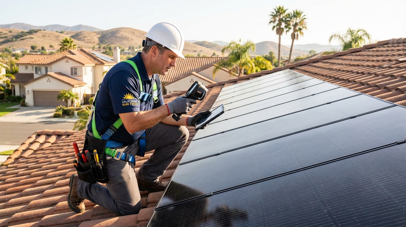 Solar technician inspecting residential solar panel system on California home