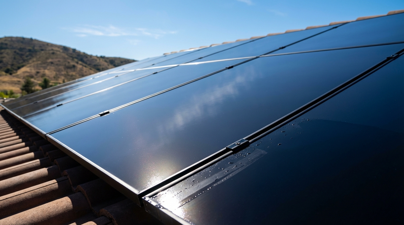 Clean all-black solar panels reflecting sunlight after professional maintenance