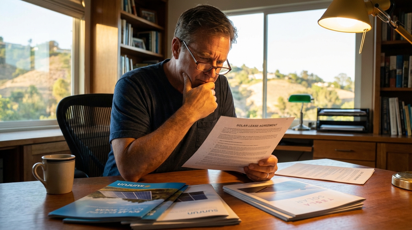 Homeowner carefully reviewing solar lease agreement fine print