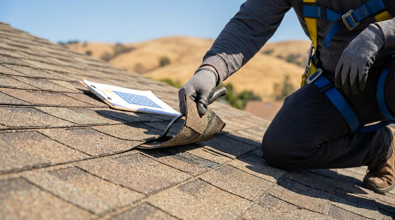 Roofer inspecting roof condition before solar panel installation
