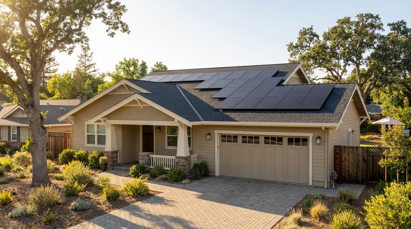 New roof with all-black solar panels showing perfect integration on California home