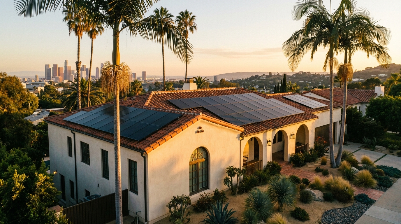 Completed solar installation on a Spanish-style Los Angeles home