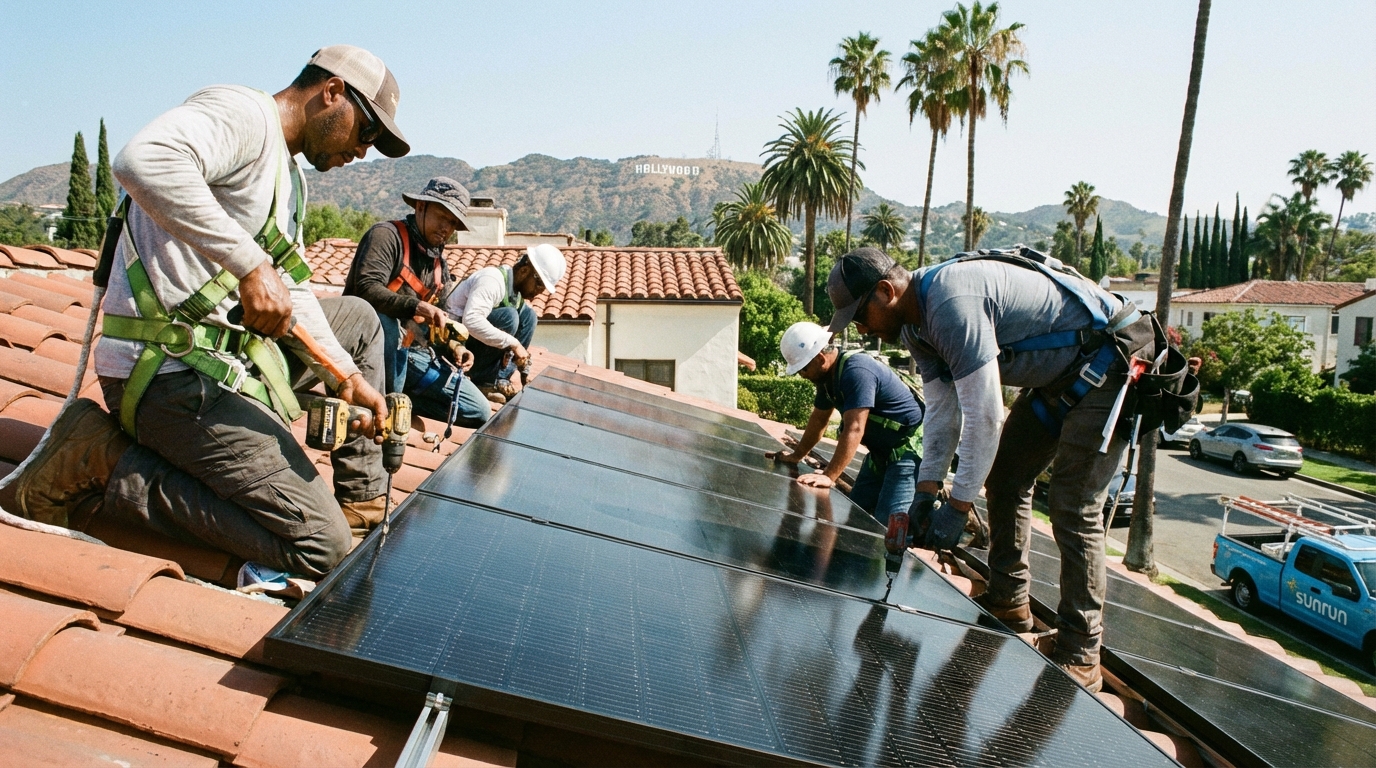 Solar installation crew working on a Los Angeles home with city views