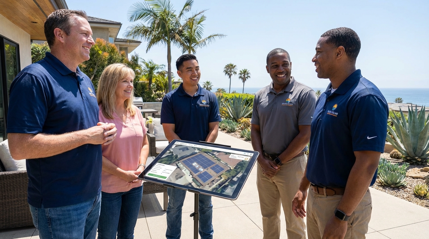 Solar company consultation with Orange County homeowner reviewing installation plan