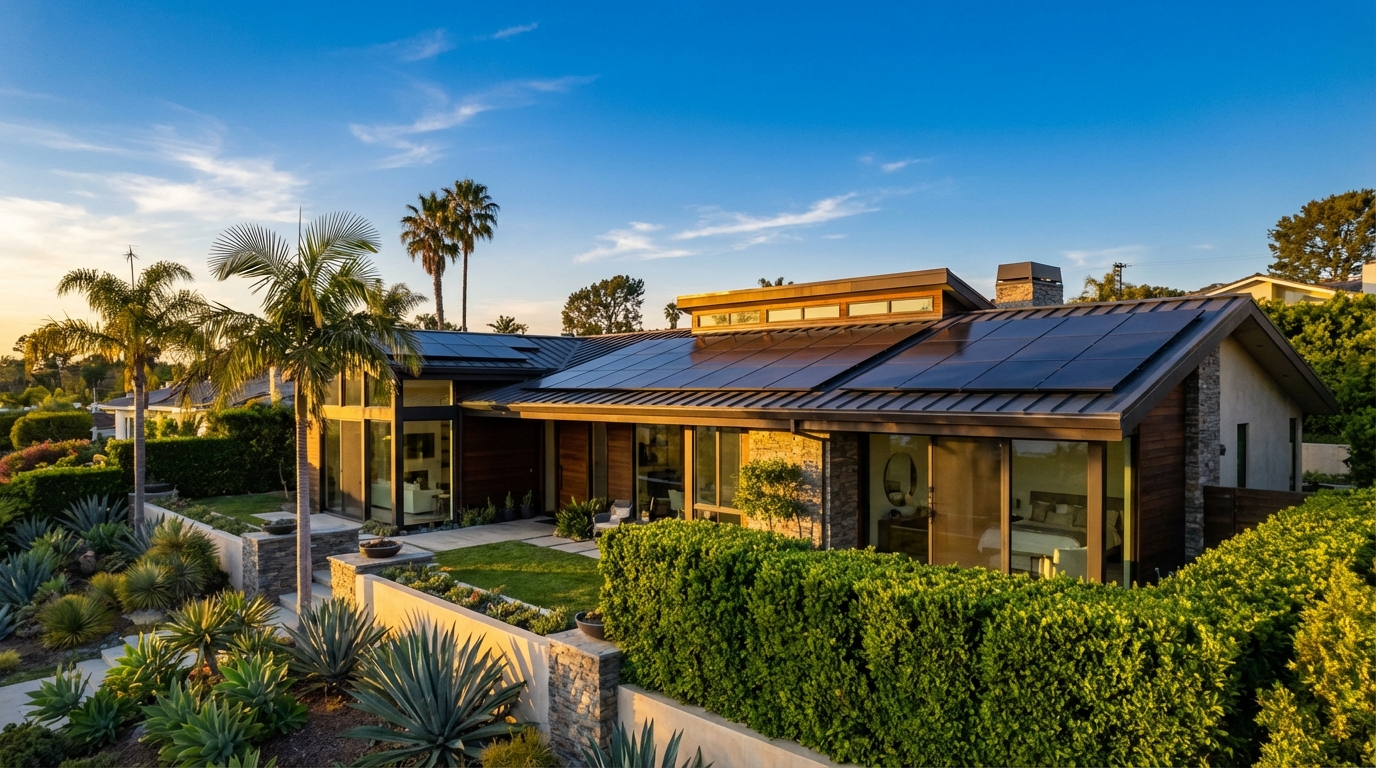 Modern California home with all-black solar panels at golden hour