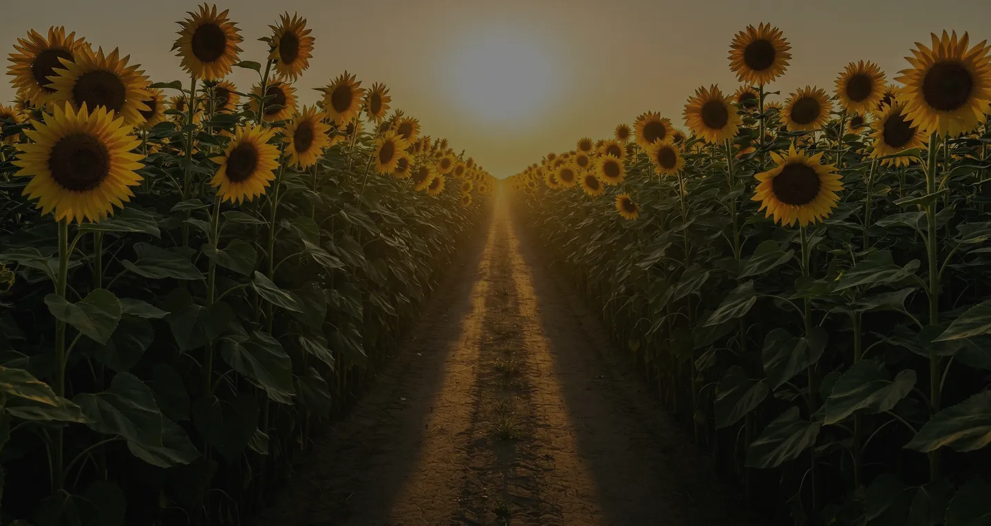 Sunlit path through tall sunflower field at sunset with sunflowers on both sides.