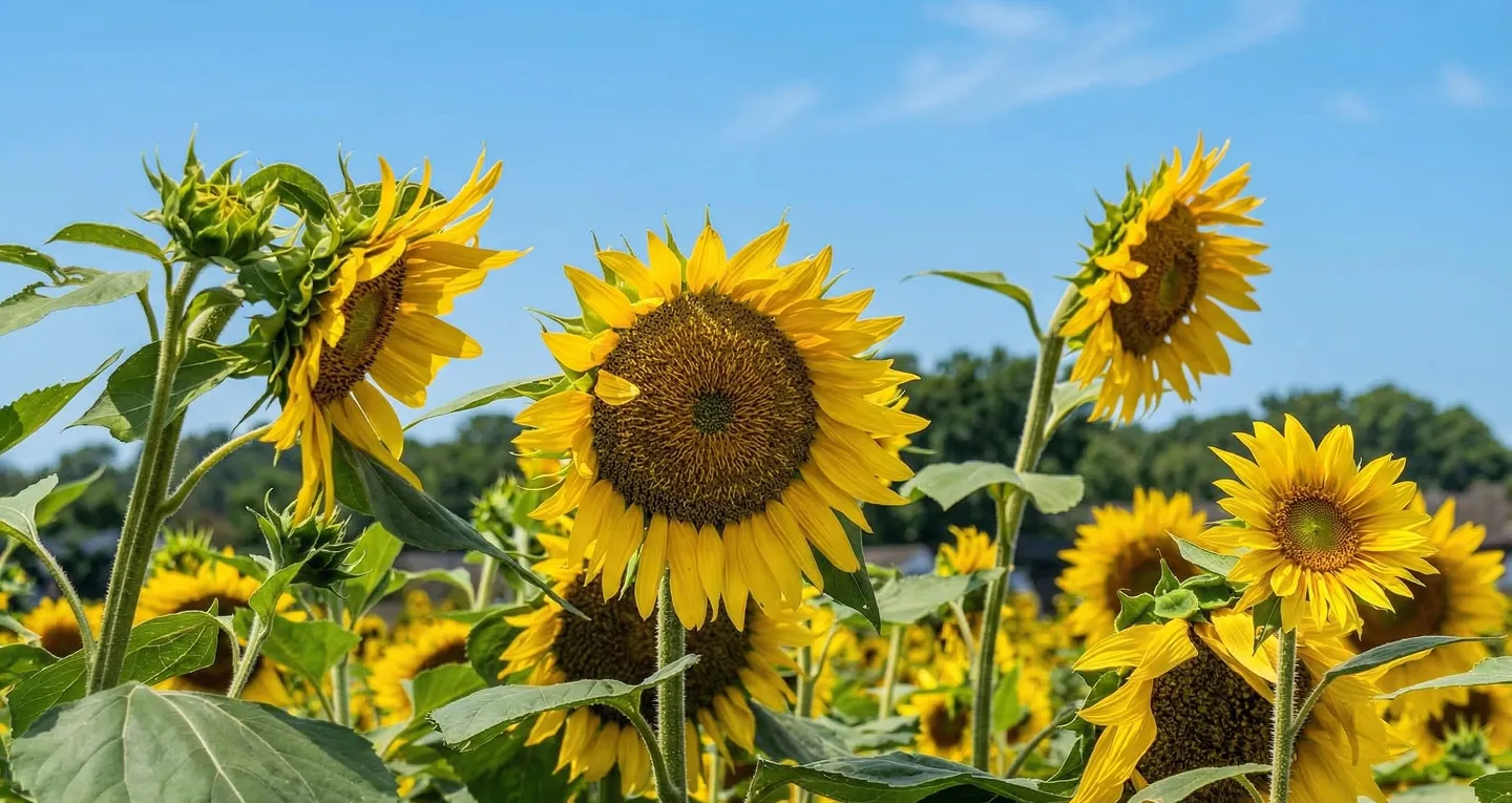 Bright yellow sunflowers with green leaves under a clear blue sky in a field.