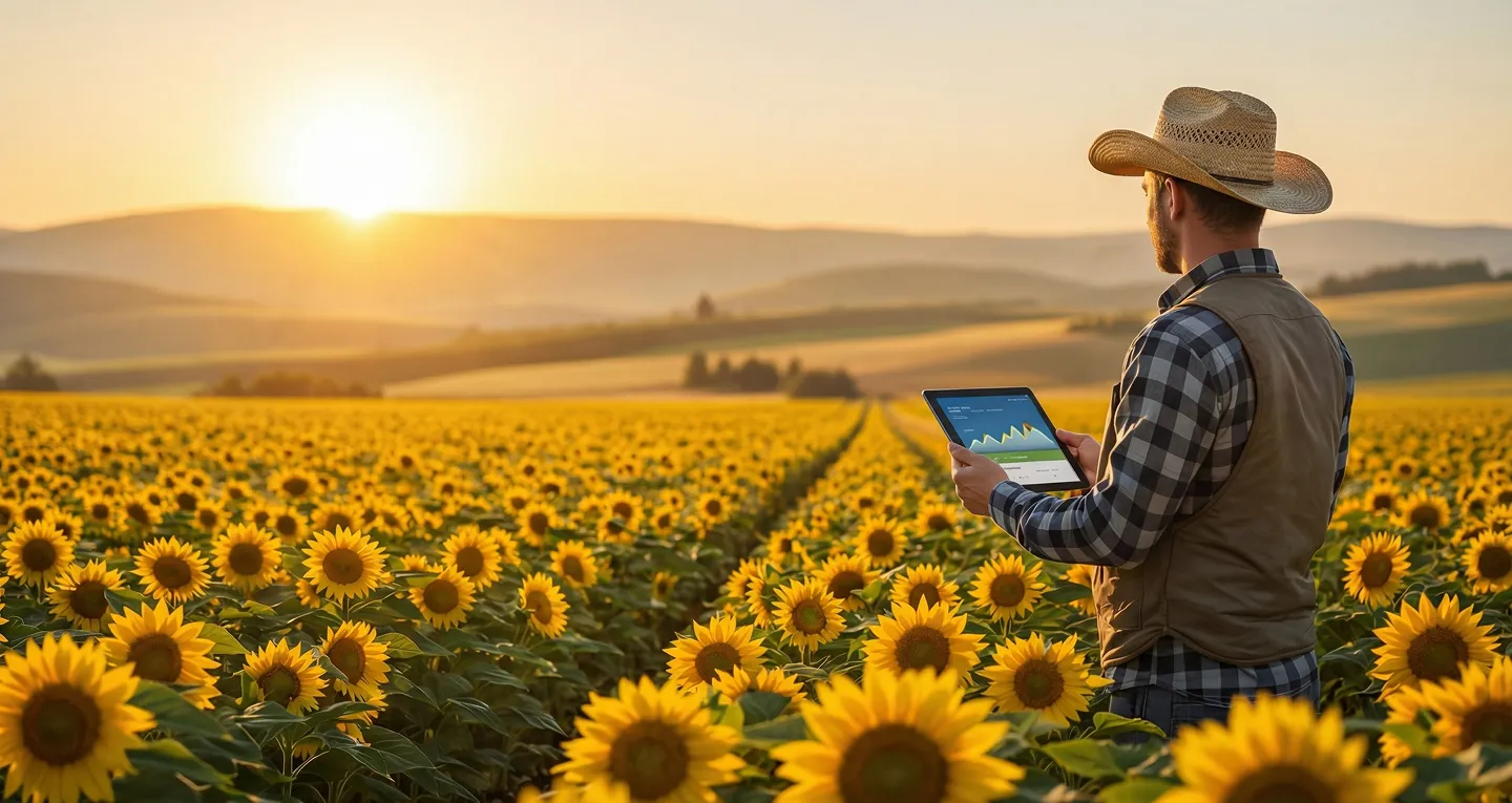 Farmer in hat and vest uses tablet in sunflower field at sunset with rolling hills in background.