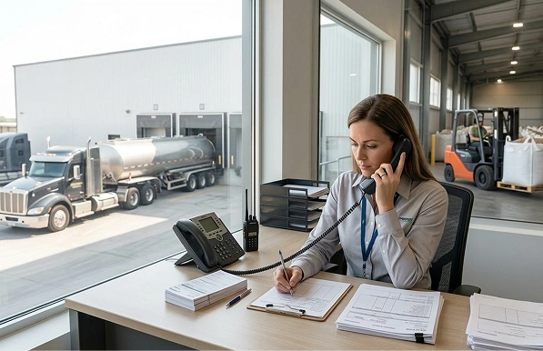 Woman at office desk talking on phone while writing, with truck and warehouse visible through window.