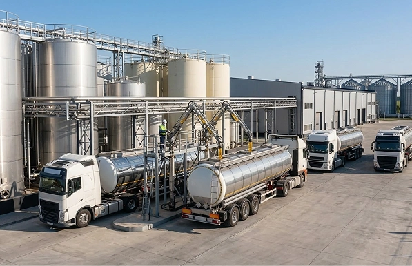 Large industrial facility with tanker trucks loading near storage silos under a clear blue sky.