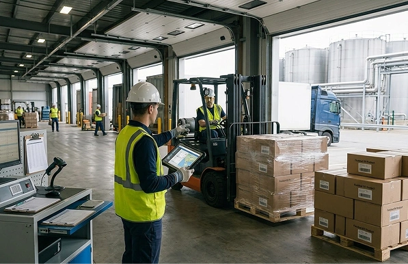 Warehouse workers in safety gear using a forklift and digital tablet to handle palletized goods.