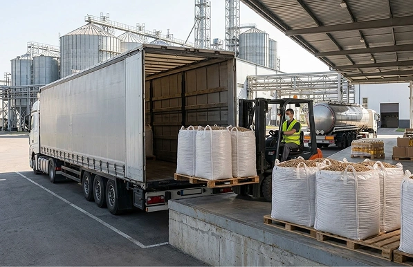 Forklift loading large white industrial bags on pallets into a truck at a warehouse dock.