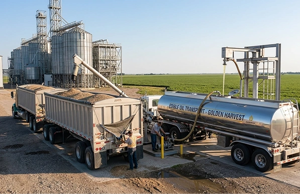 Workers unloading grain from a truck at an edible oil transport facility near silos and farmland.