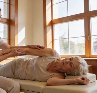 Elderly woman lying on her side receiving assisted arm exercise in a bright room with large windows.
