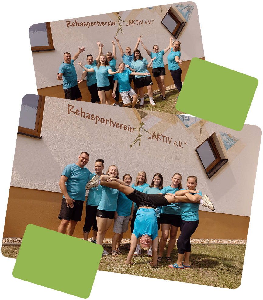Group of nine people in matching blue shirts posing cheerfully outdoors in front of a building with 'Rehasportverein AKTIV e.V.' sign, with one person performing a handstand supported by two others.