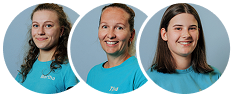 Three women wearing blue shirts smiling against a light blue background inside circular frames.