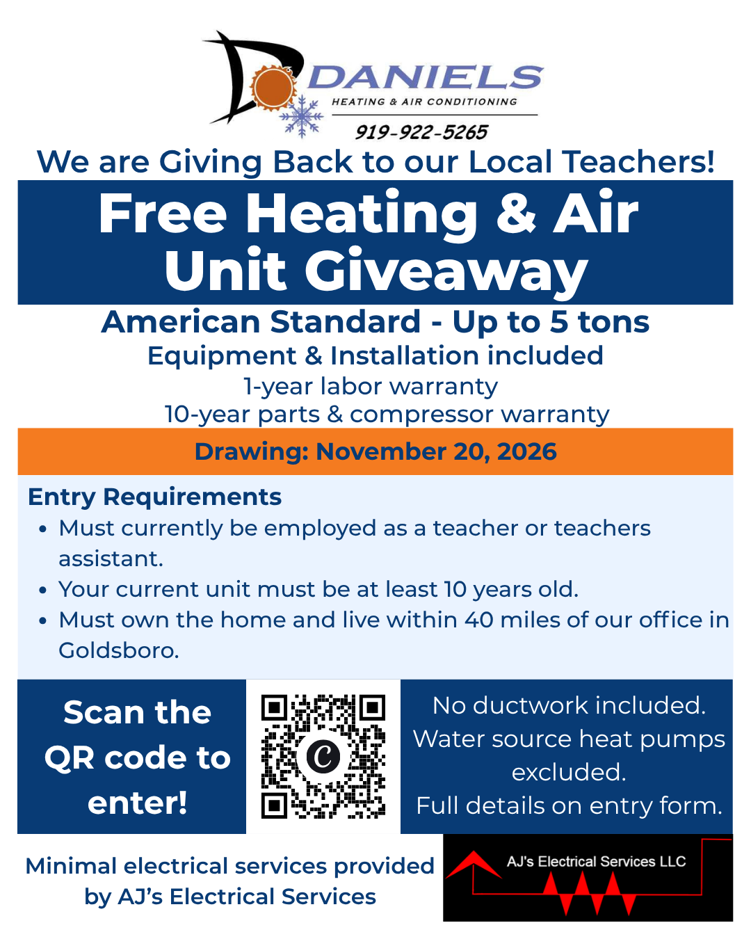 Daniels Heating & Air Conditioning free heating and air unit giveaway for local teachers, drawing November 20, 2026