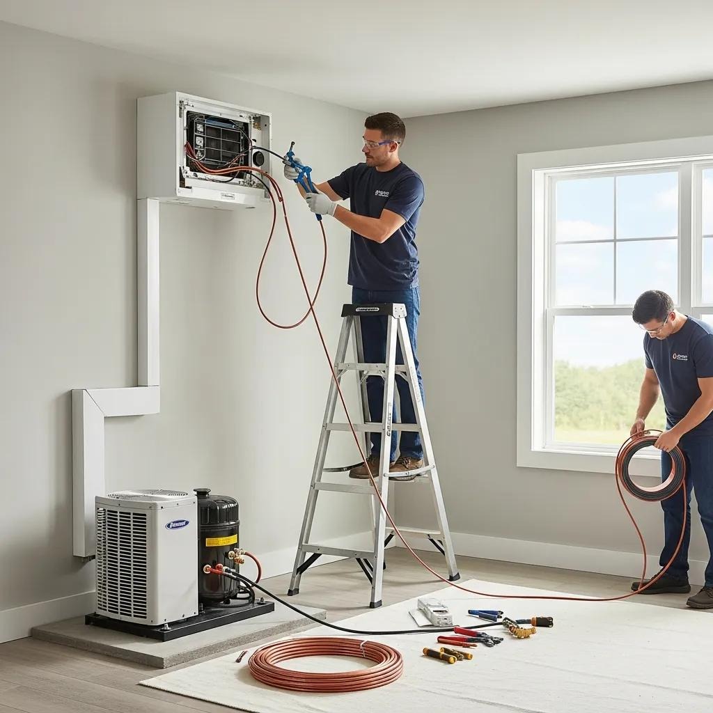 Technician installing a ductless mini-split system, showcasing expert installation techniques for optimal performance