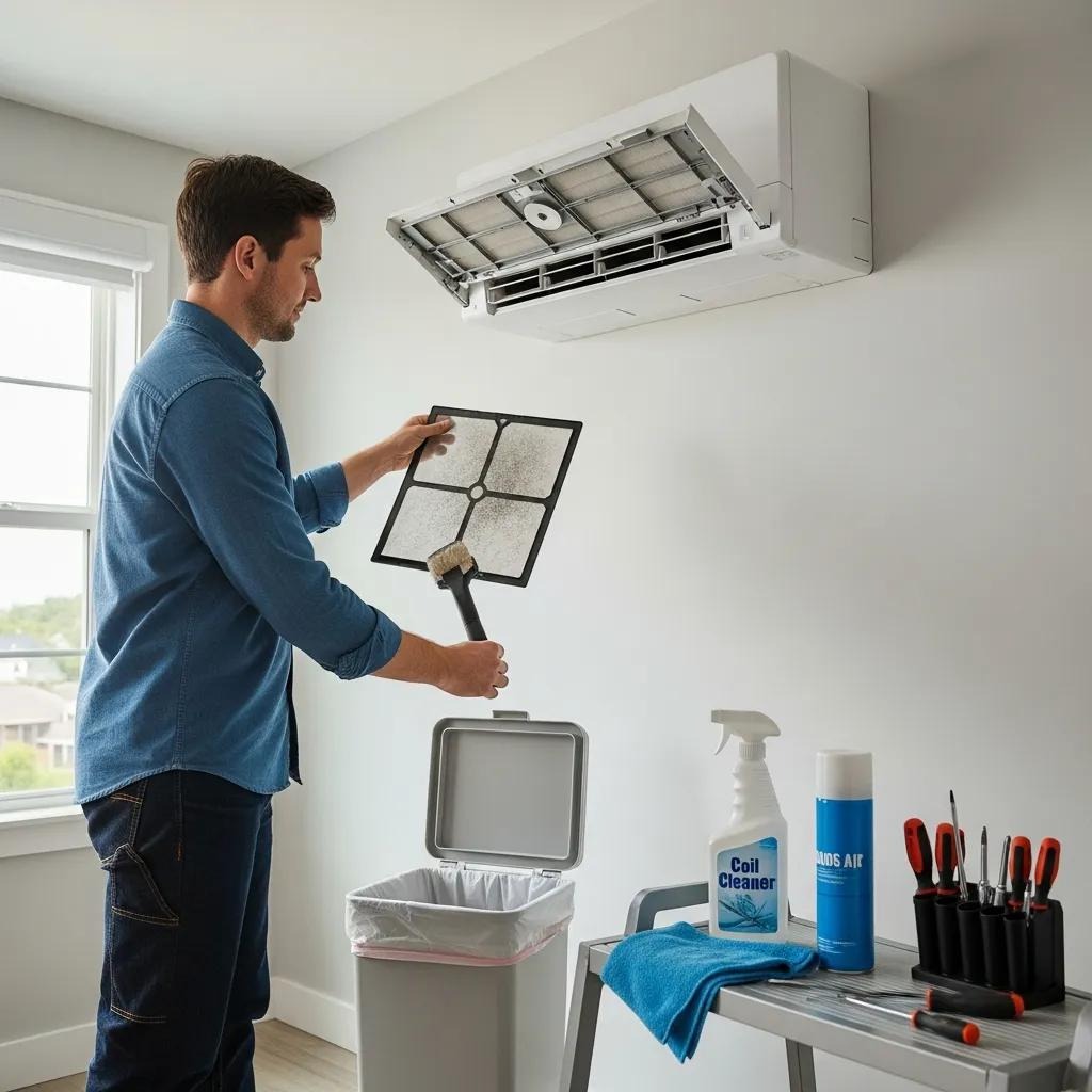 Homeowner cleaning air filter of a ductless mini-split system, emphasizing the importance of regular maintenance for efficiency