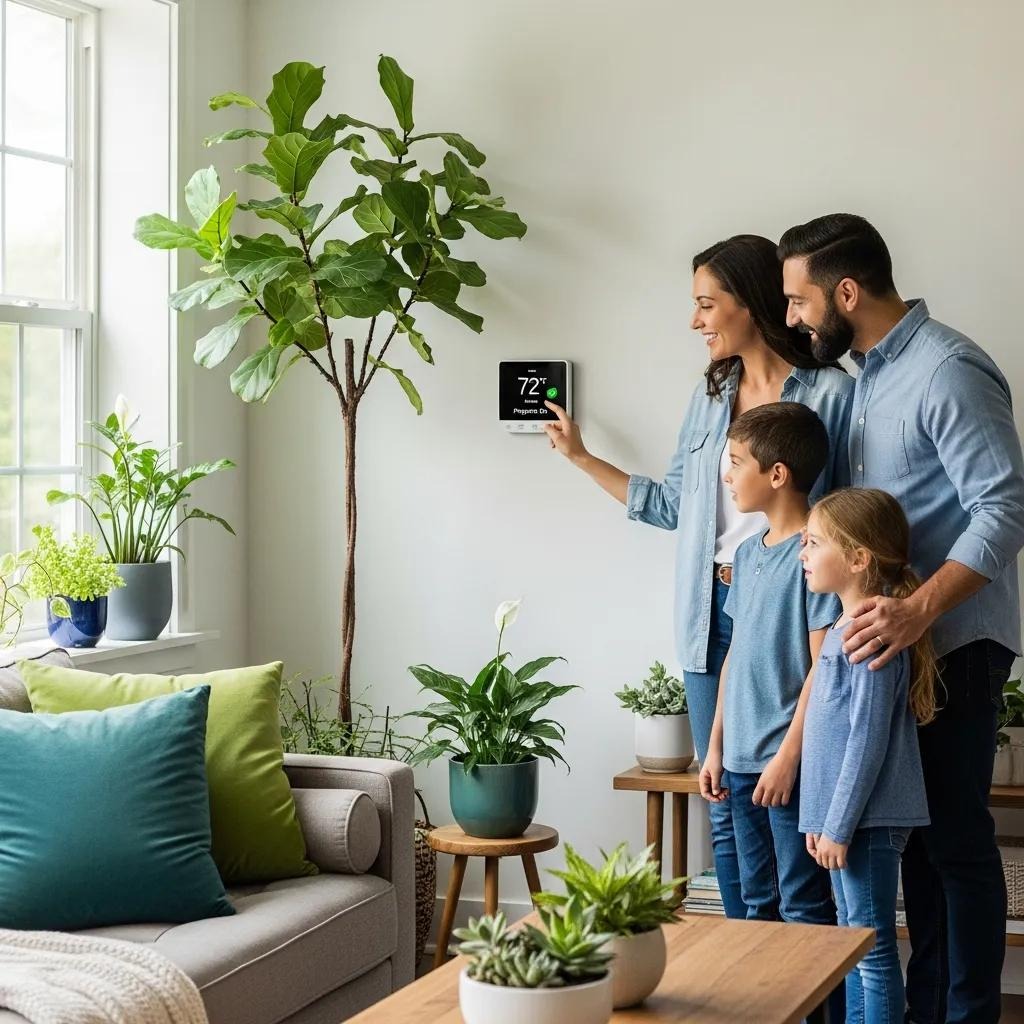 Family adjusting a programmable thermostat in a bright living room, promoting energy efficiency