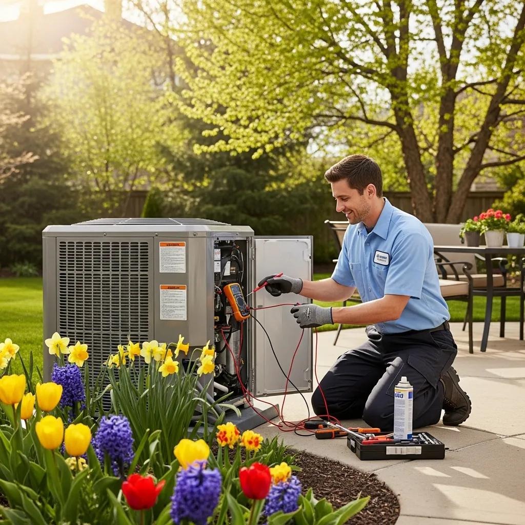Technician performing HVAC tune-up in a sunny backyard with blooming flowers