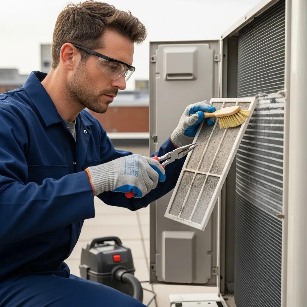 Technician inspecting air conditioning unit, highlighting routine maintenance checks for optimal performance