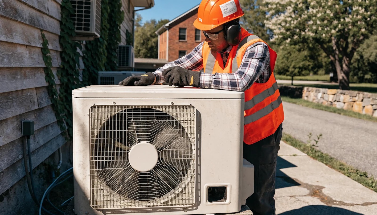 Air conditioning technician inspecting a unit outdoors for summer preparation in Goldsboro