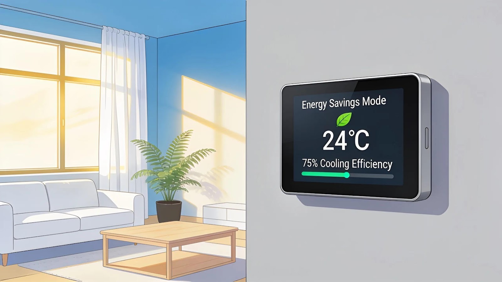 Smart thermostat indicating energy-saving settings in a sunlit home for optimized cooling