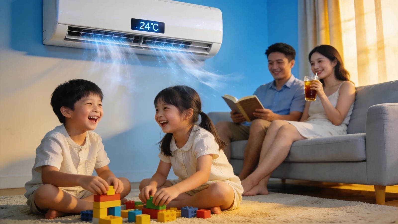 Family enjoying a cool and comfortable home during summer thanks to seasonal AC maintenance