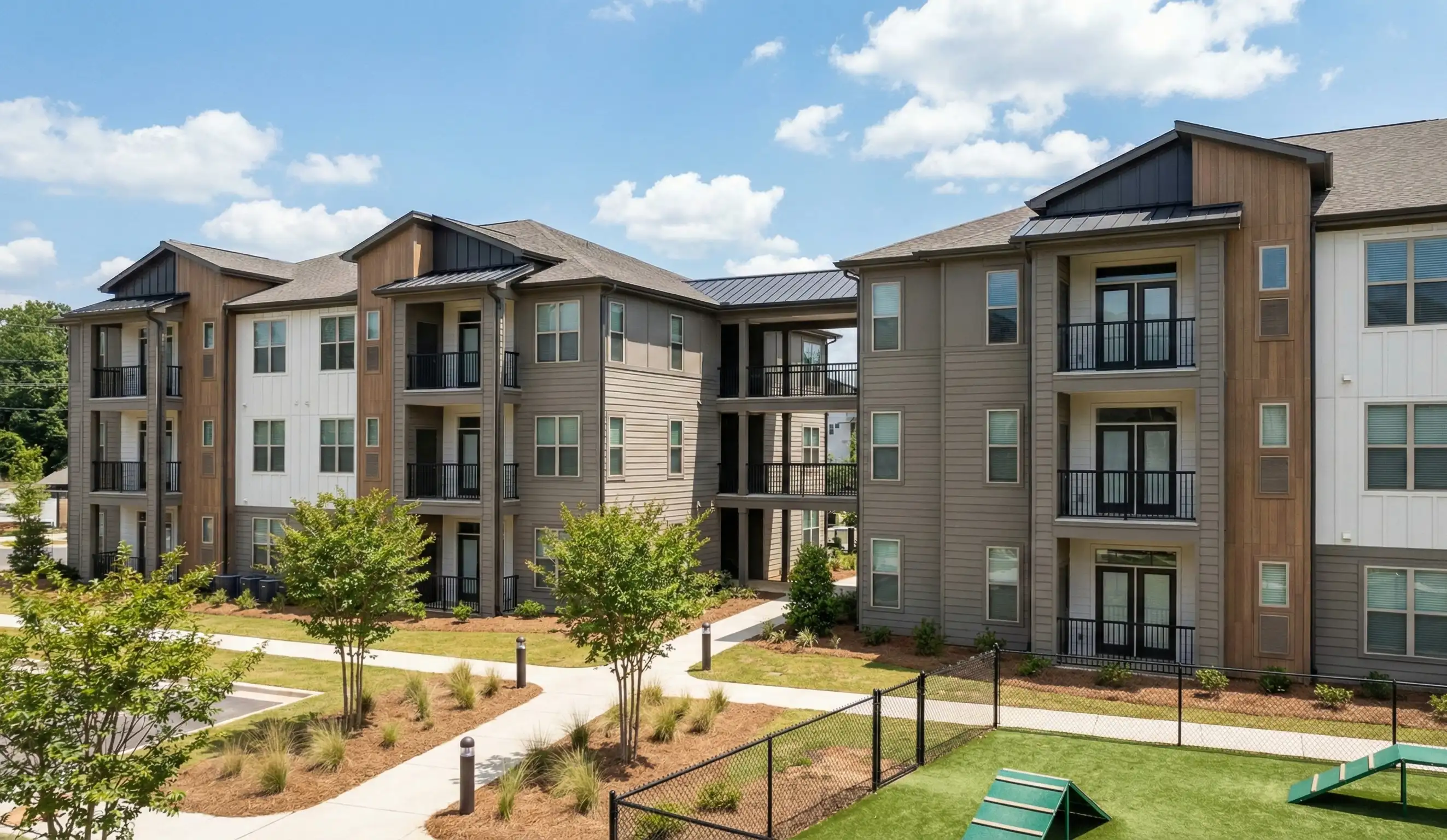 Contemporary apartment community with landscaping