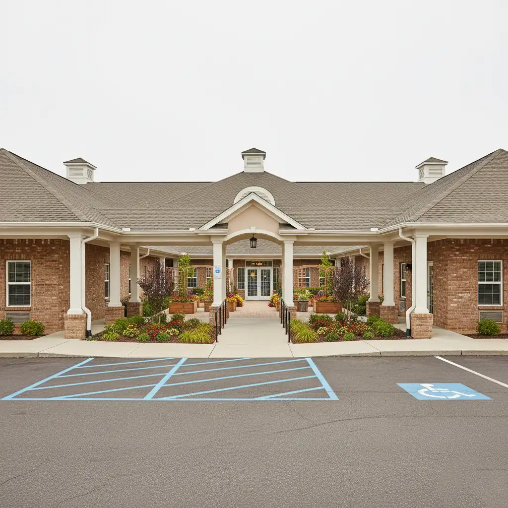 Assisted living facility exterior with covered portico