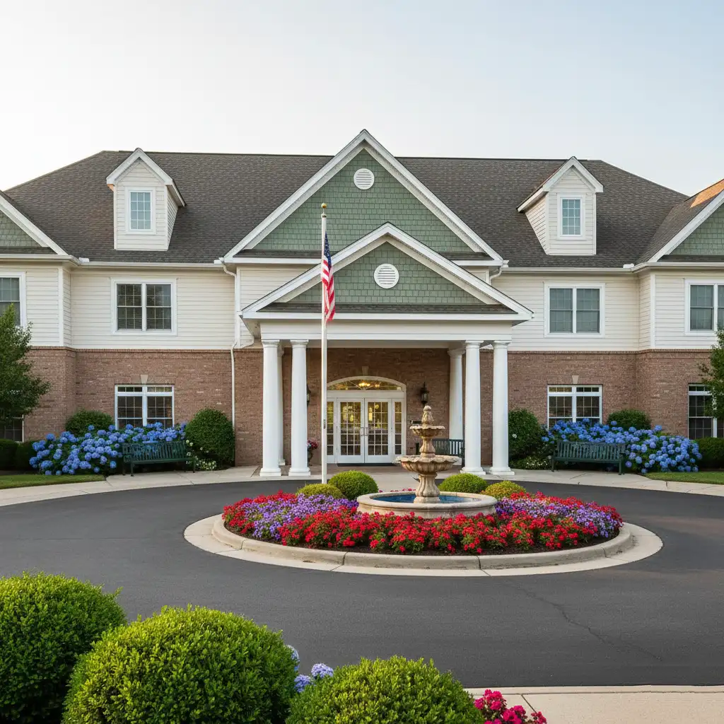 Senior housing complex main entrance with fountain