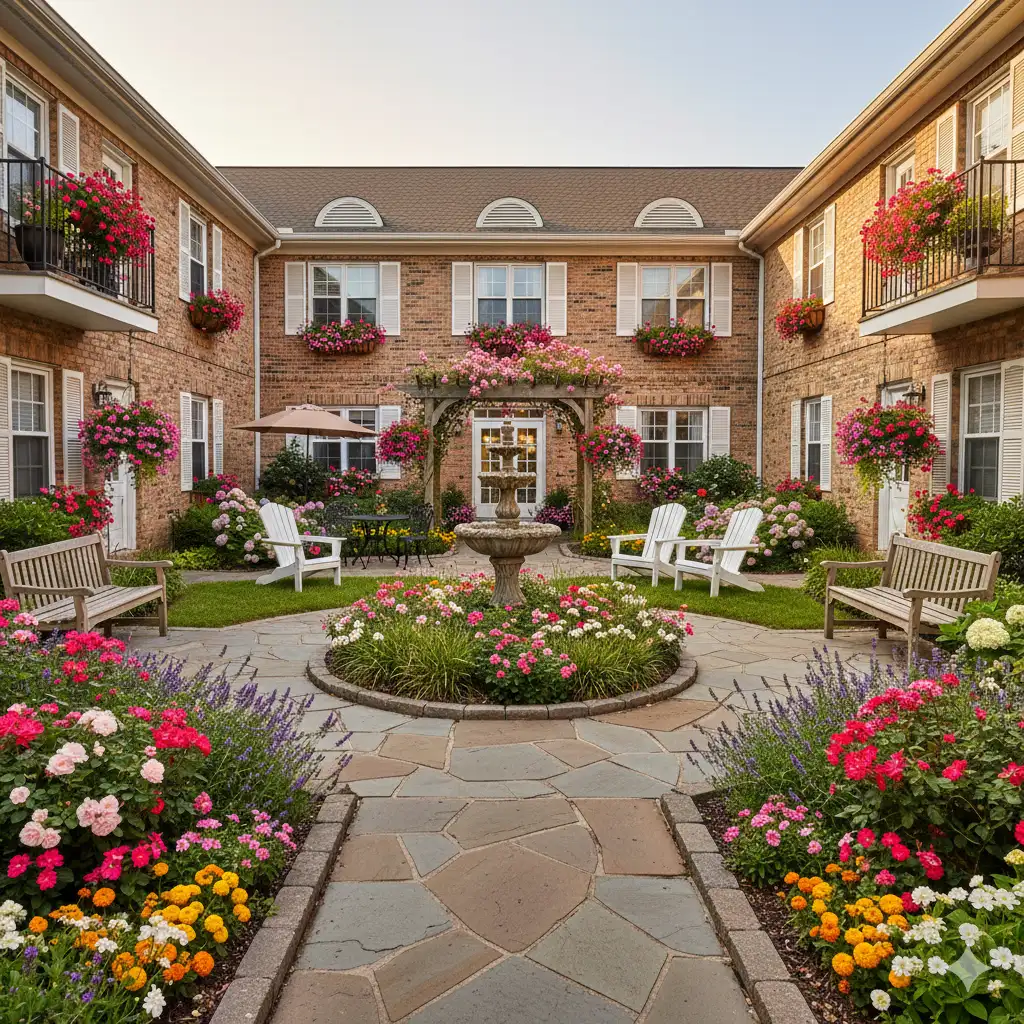 Senior community courtyard with gardens