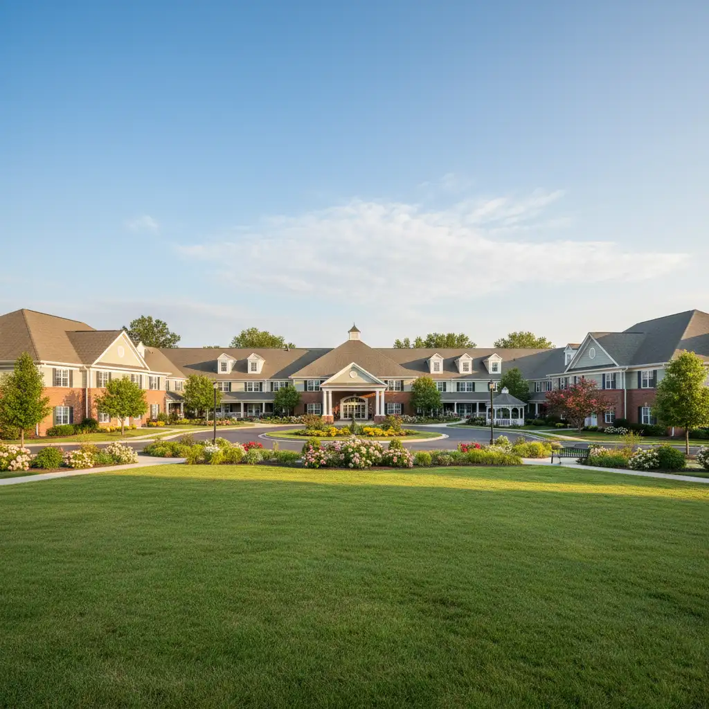 Retirement community campus with landscaped grounds