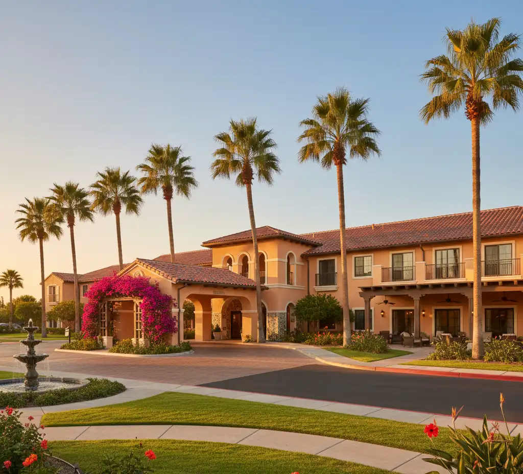 Senior housing community with palm trees and Spanish architecture