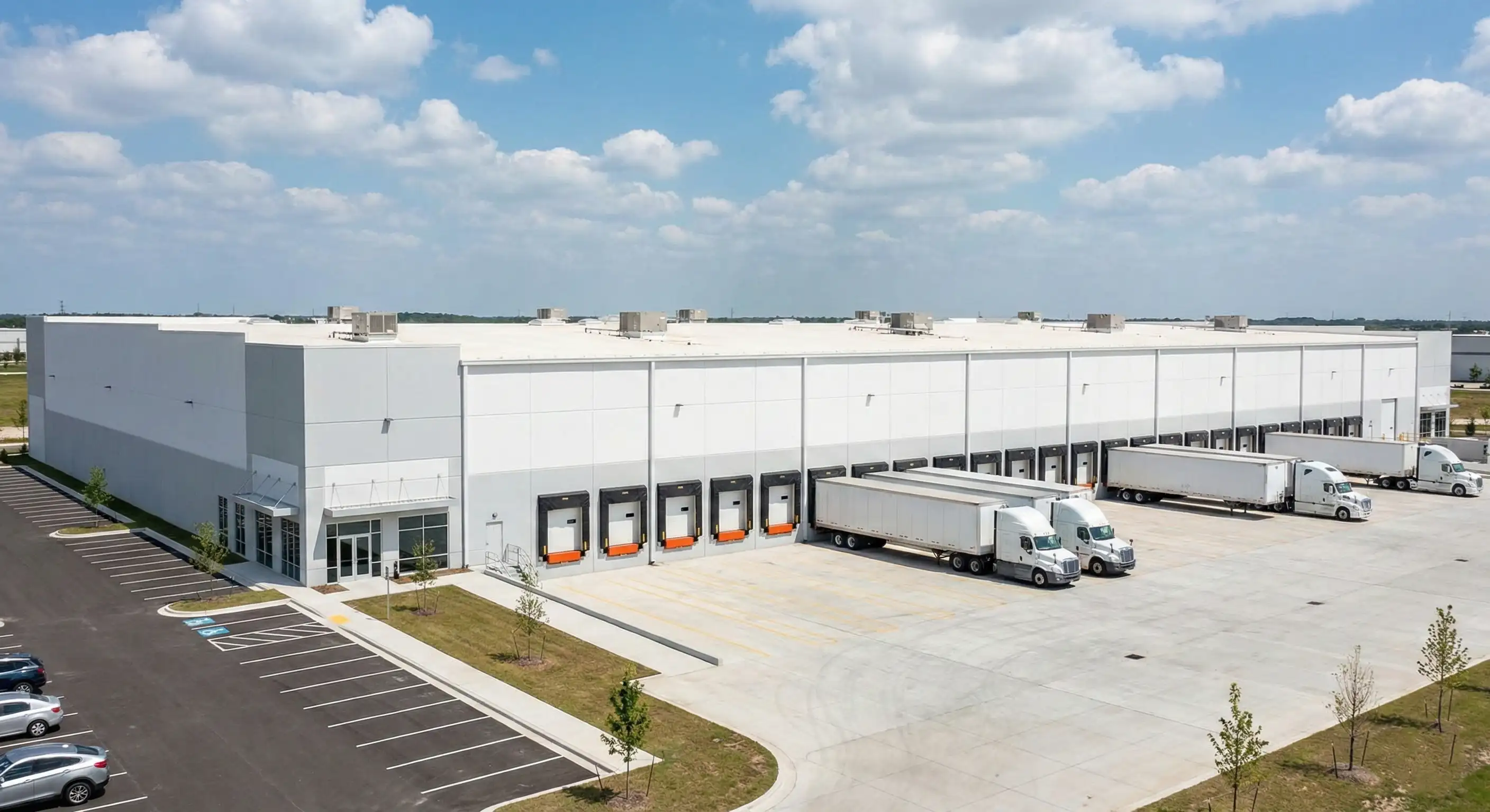 Modern distribution center with loading docks and trucks