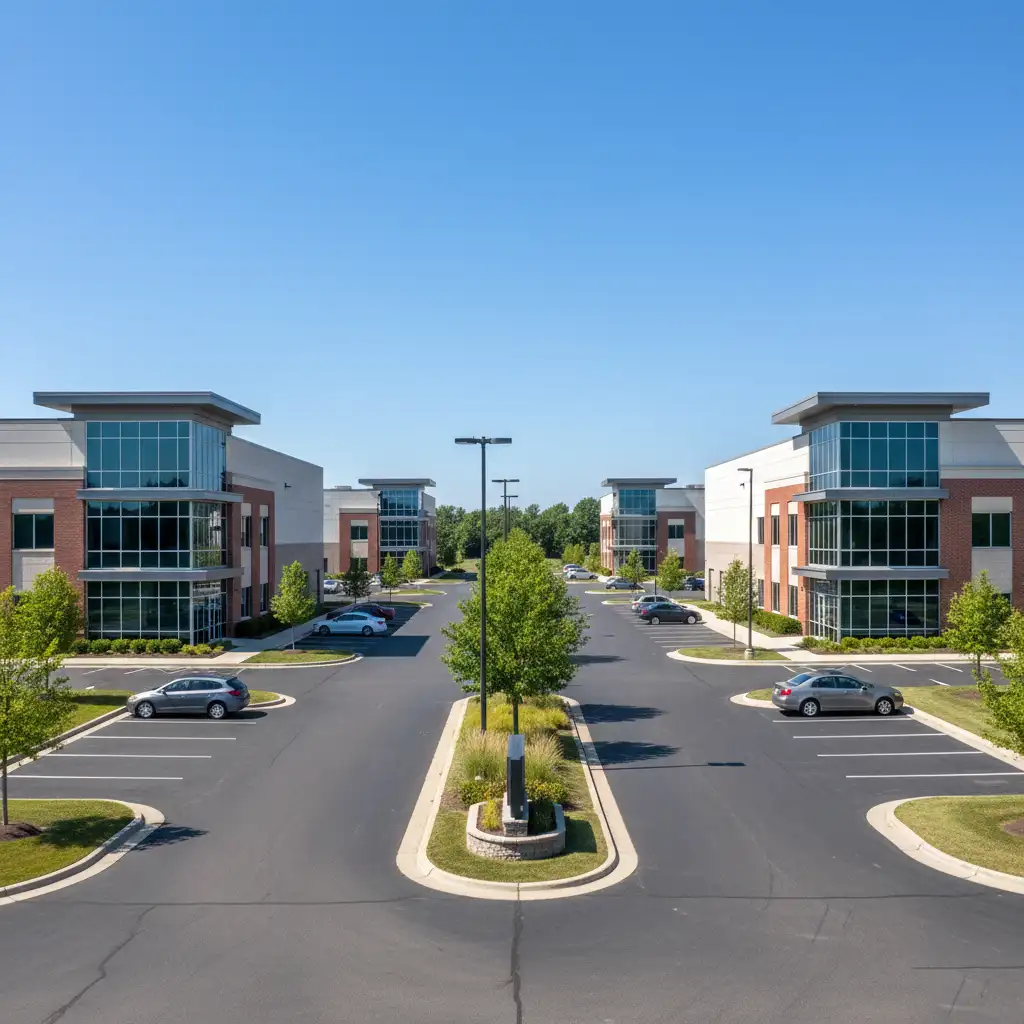 Commercial business park with multiple buildings