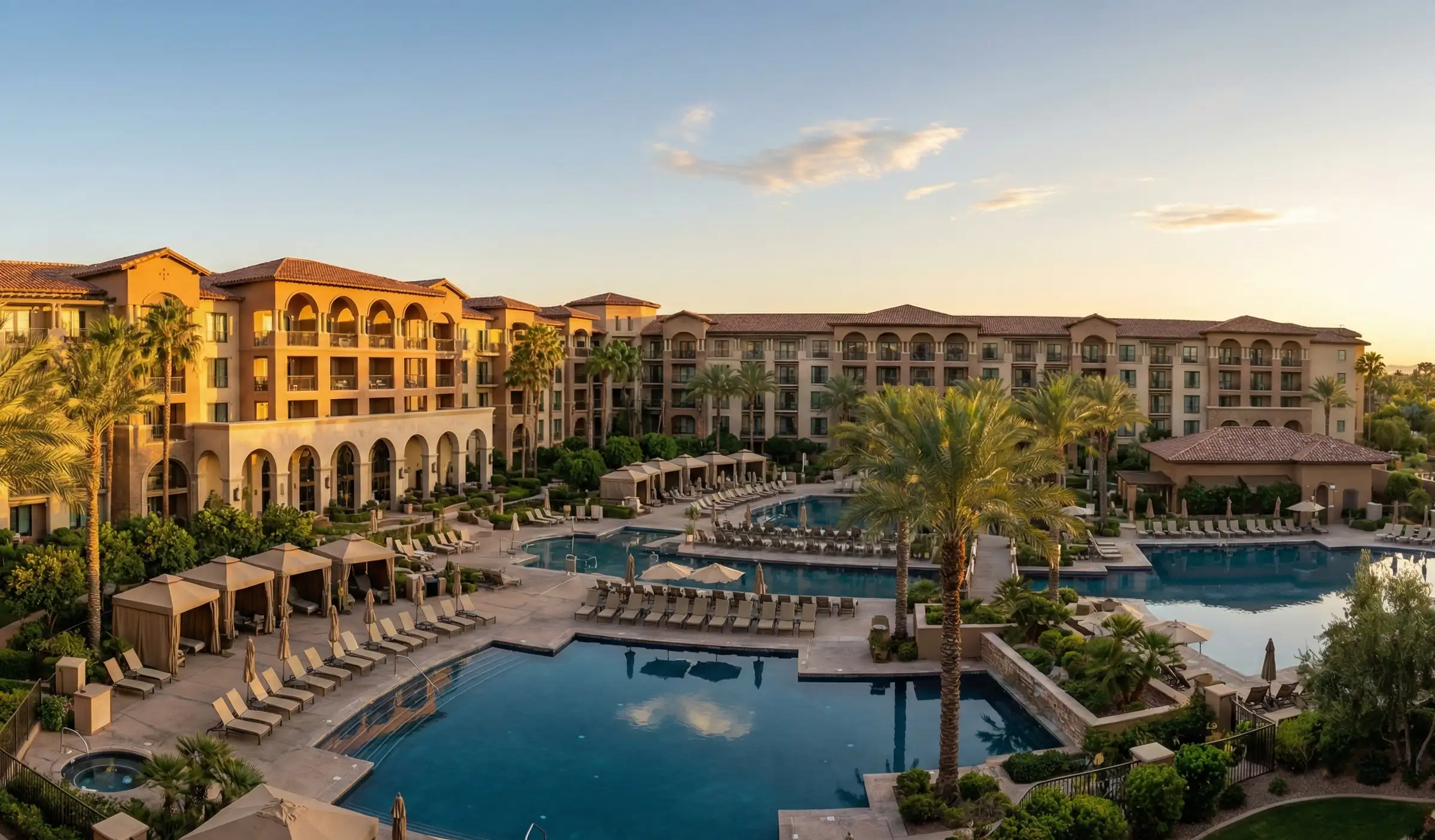 Large resort hotel with pool and palm trees