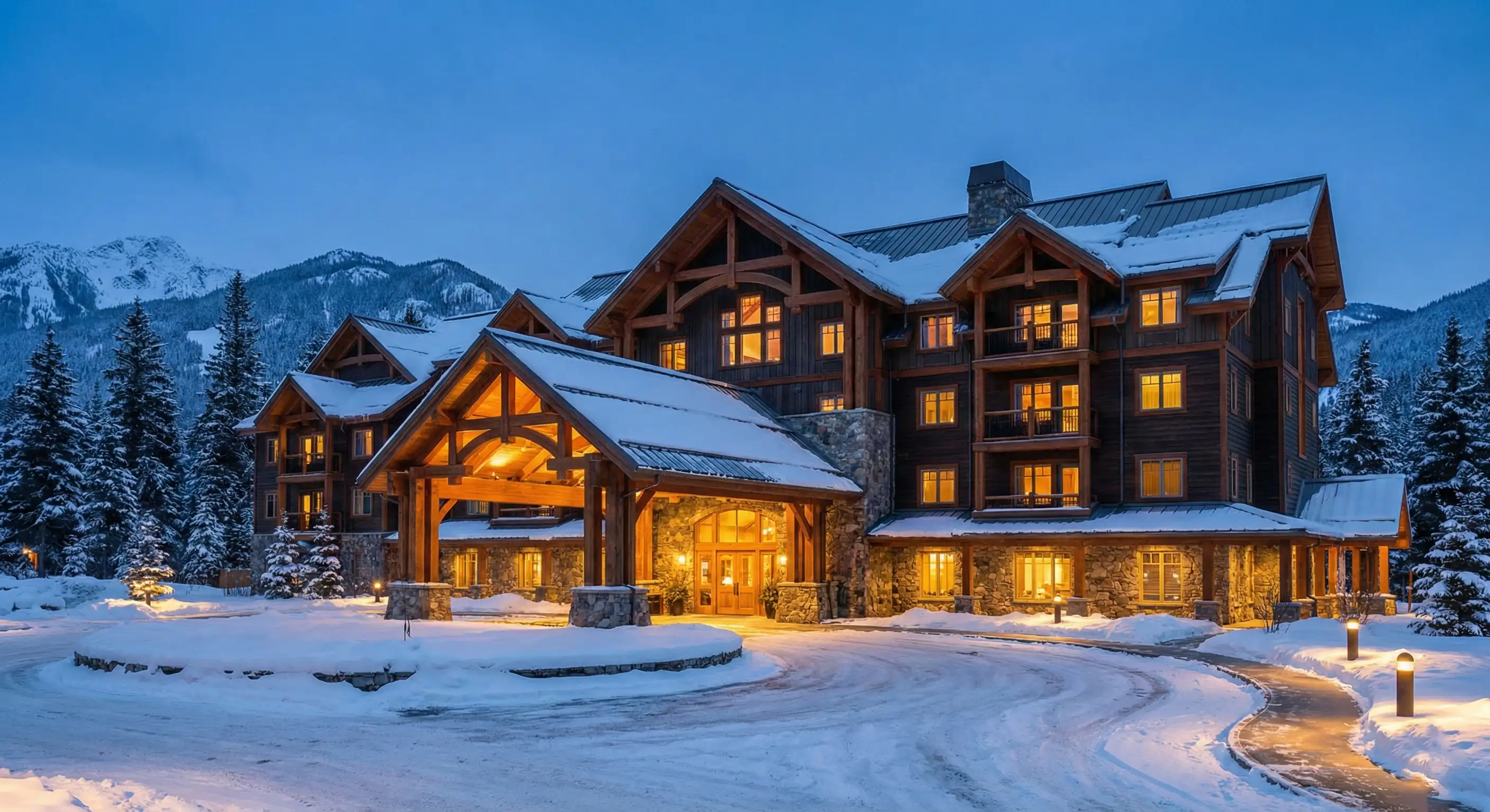 Mountain lodge hotel in winter snow
