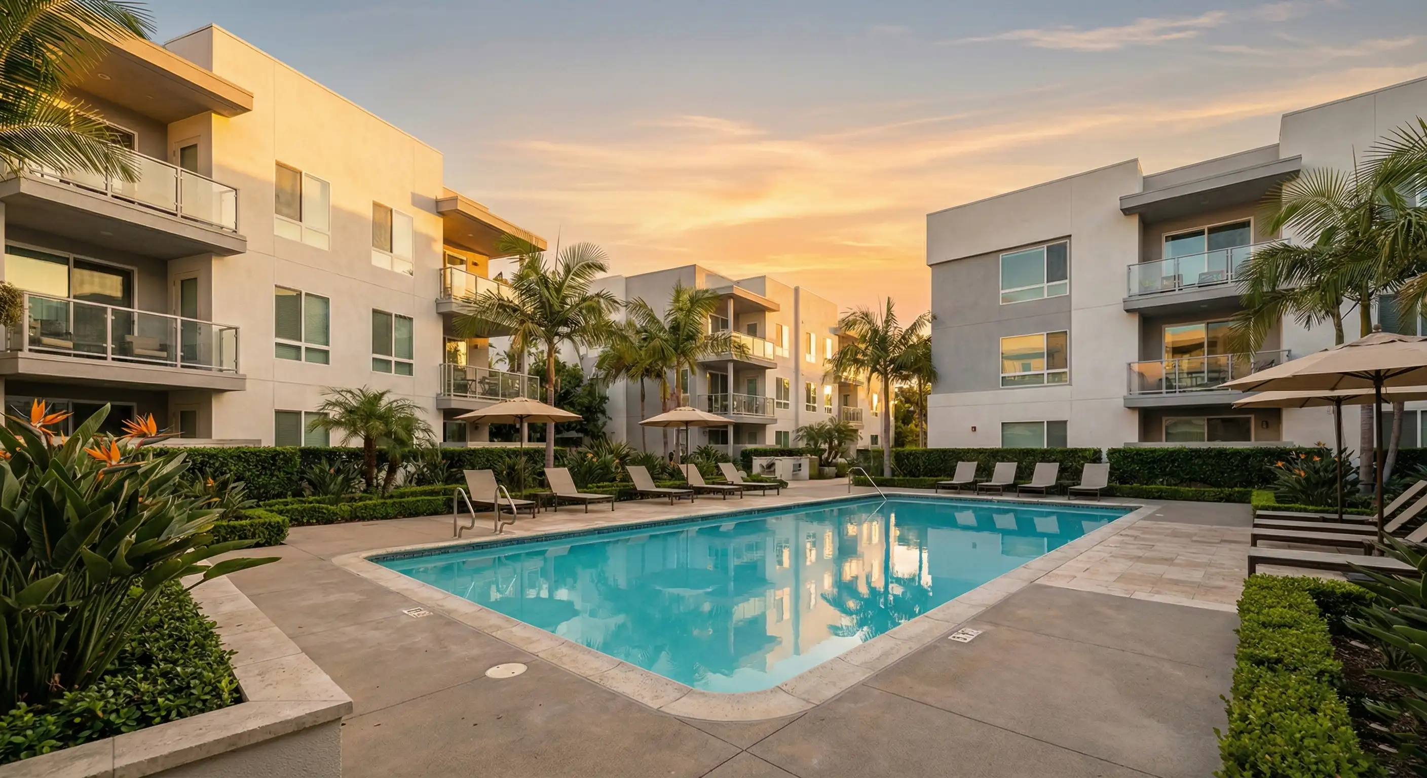 Apartment complex with swimming pool at sunset