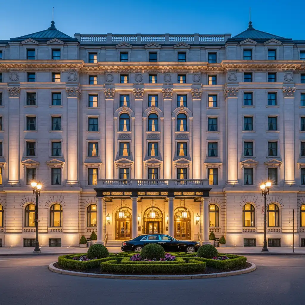 Grand luxury hotel building exterior at dusk