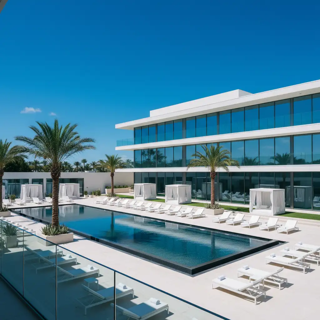 Modern resort poolside with cabanas and blue sky