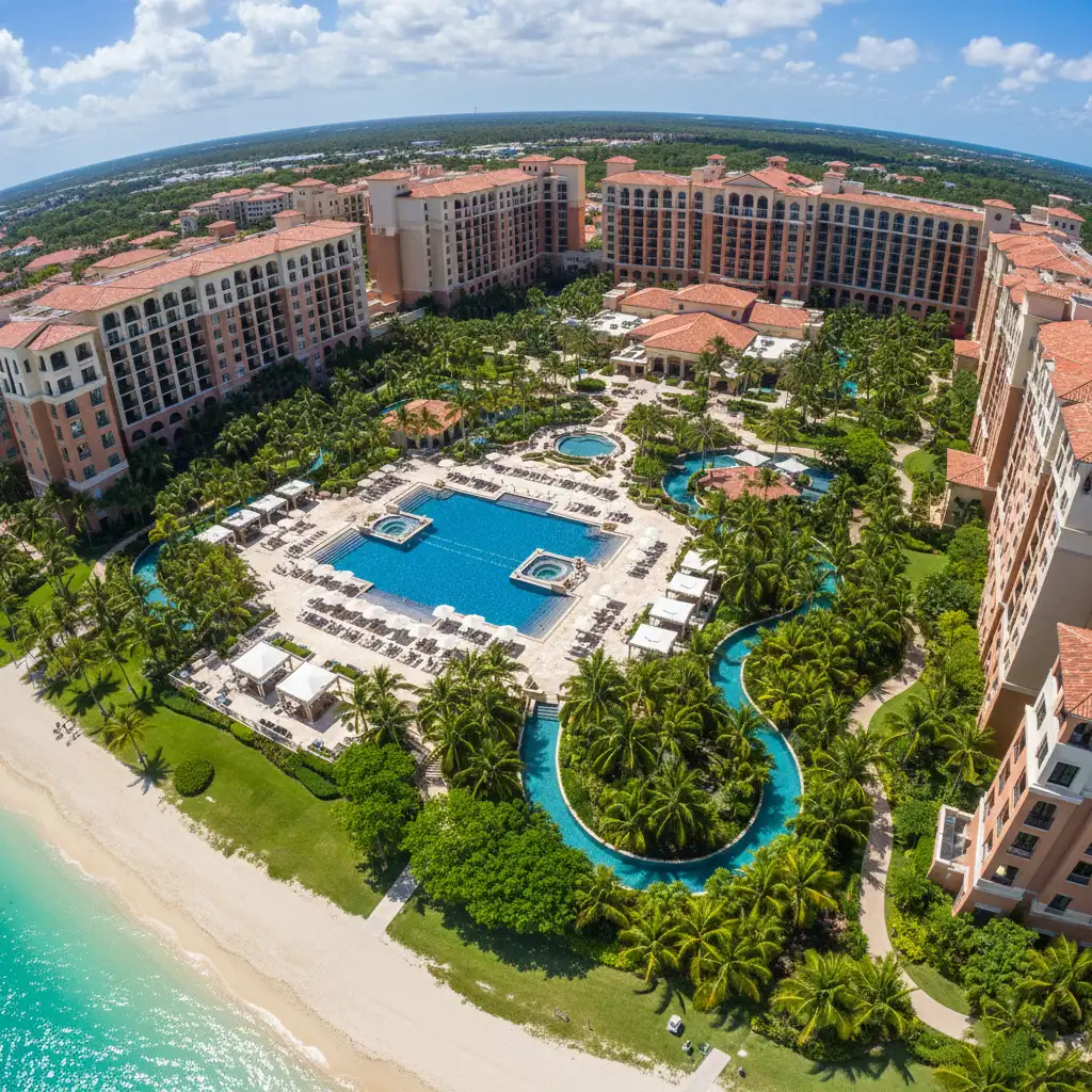 Aerial view of beachfront resort with pools