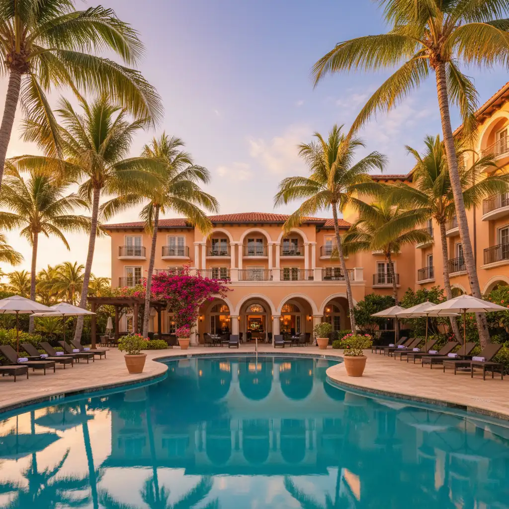 Tropical resort hotel with pool and palm trees